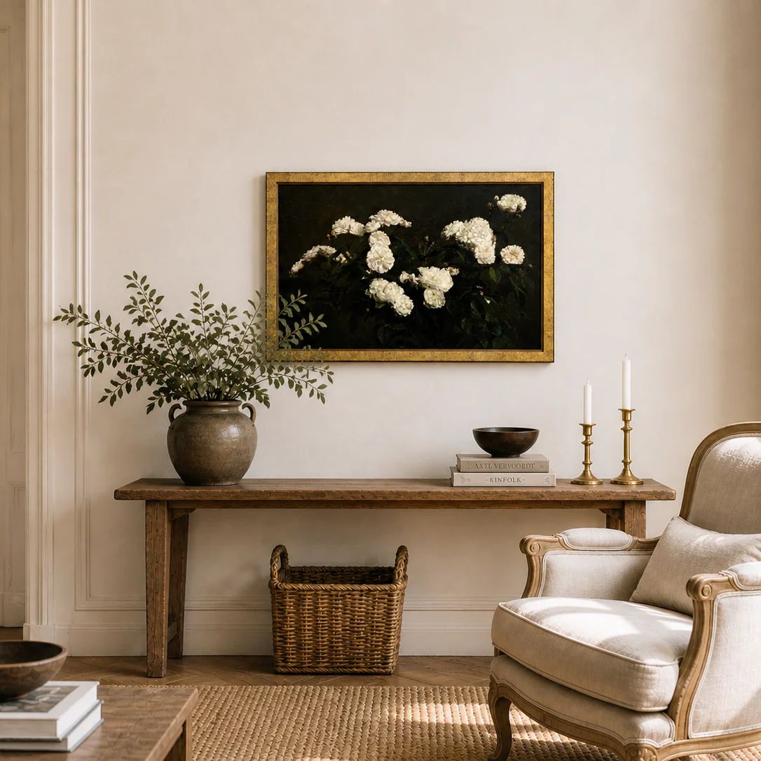 Heirloom White Rose Framed Stucco Art - Image 2