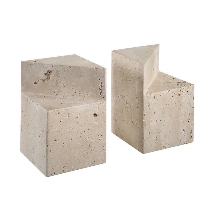 Sculptural Geometric Travertine Bookends - Image 3